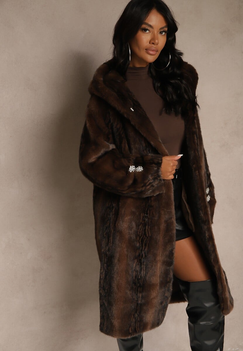 Brązowy Długi Płaszcz Futerko z Kapturem Zdobiony Eleganckimi Guzikami Esavia