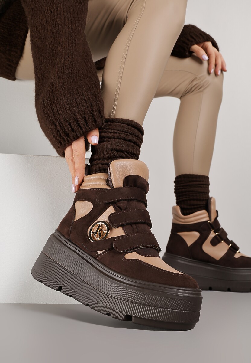 Beżowo-Brązowe Botki Sneakersy Vices na Platformie w Stylu Y2K Gelira