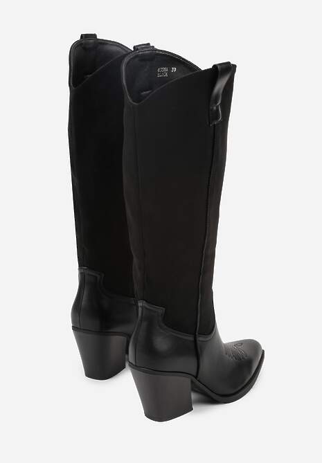 Czarne Kozaki Kowbojki z Łączonych Materiałów na Stożkowym Obcasie Avalerie