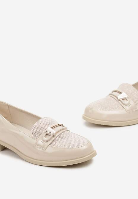 Beżowe Mokasyny z Metalowymi Złotymi Wstawkami i Brokatem Brilane