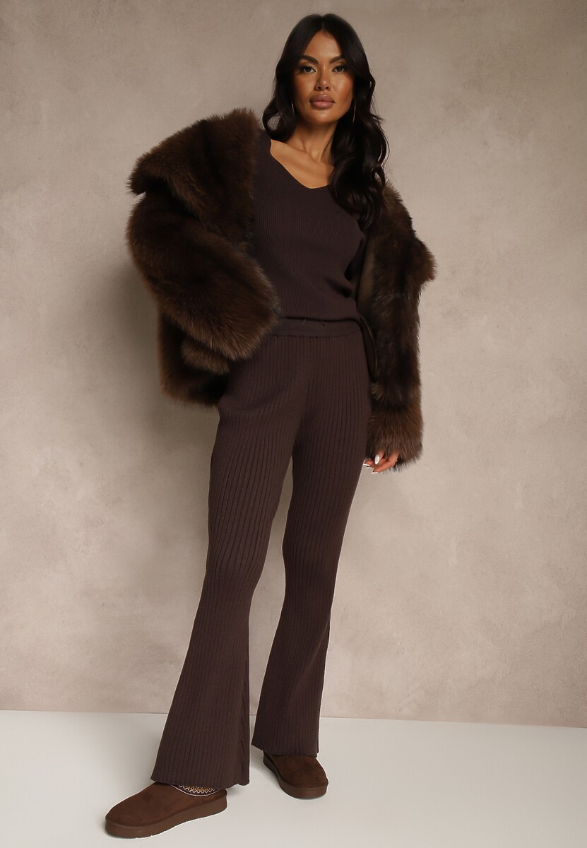 Brązowe Spodnie Dzwony z Wiskozą High Waist Tusrima