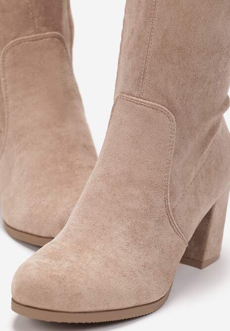 Ciemnobeżowe Kozaki ze Ściąganą Cholewką za Kolano na Słupku Alicva