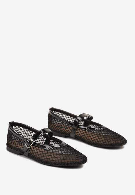 Czarne Siateczkowe Balerinki na Płaskiej Podeszwie w Stylu Mary Jane Evelenna