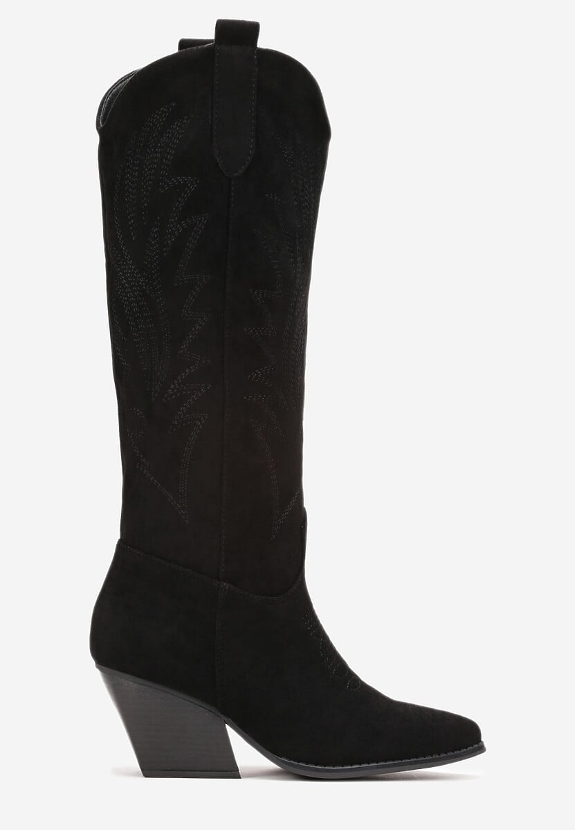 Czarne Kozaki Kowbojki na Skośnym Słupku z Haftami Vaelissa