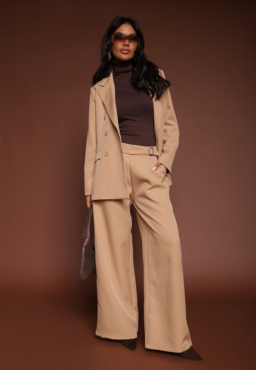 Jasnobrązowy Garnitur Spodnie i Marynarka z Usztywnionymi Ramionami Sonavienna