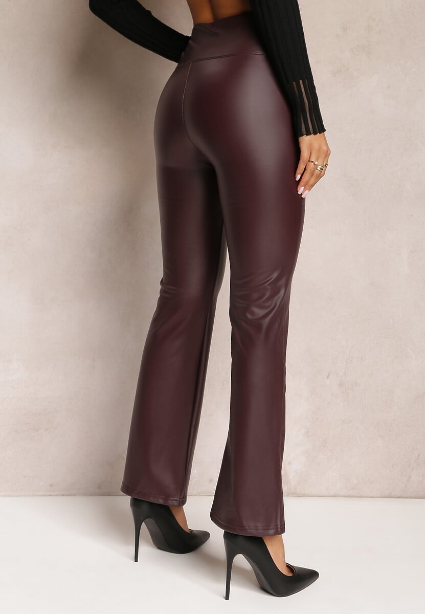 Bordowe Spodnie o Fasonie Dzwonów z Ekoskóry i z Gumką w Pasie Dawi