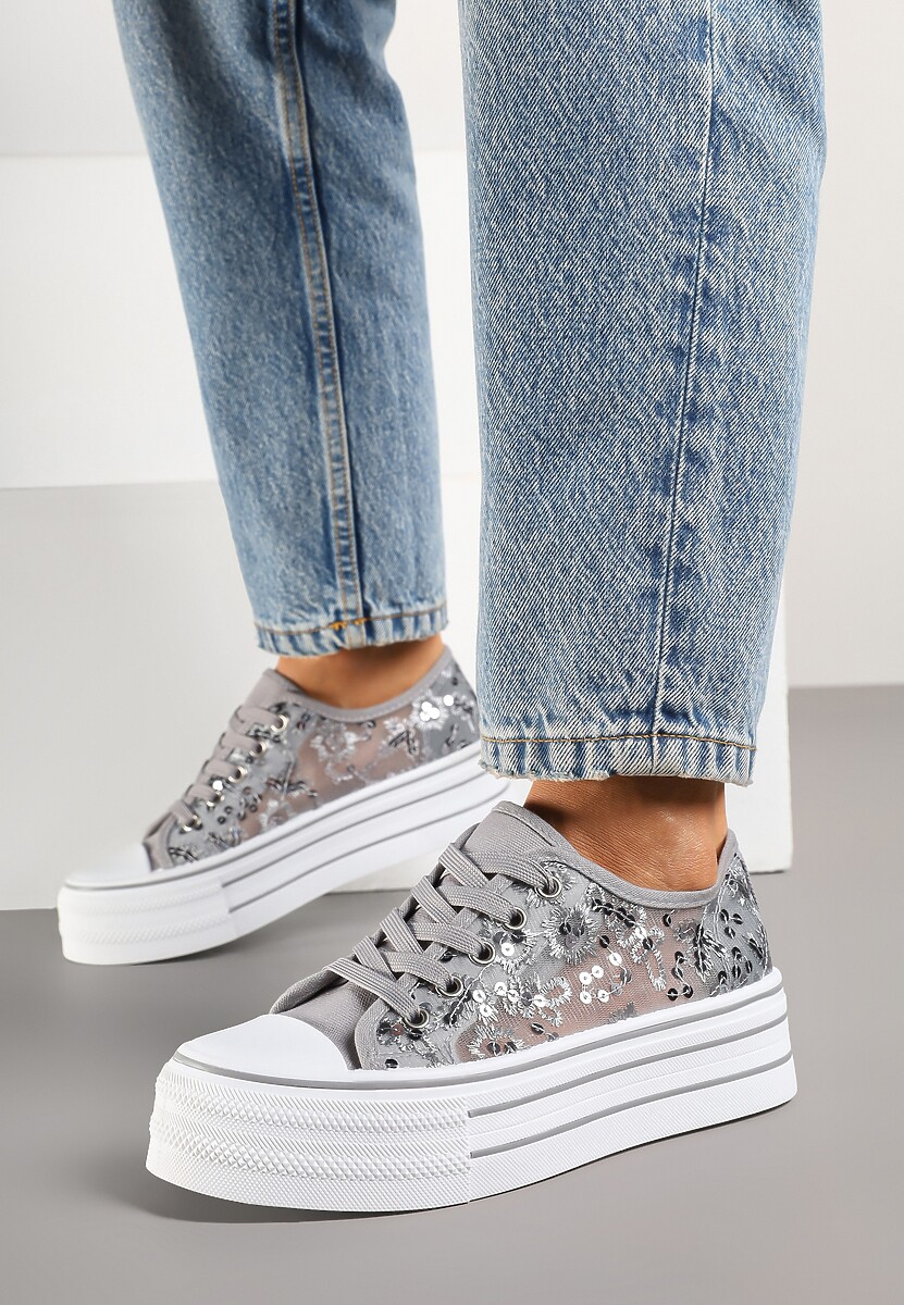Szare Trampki Vices z Siateczki z Cekinami na Grubej Podeszwie Telanila