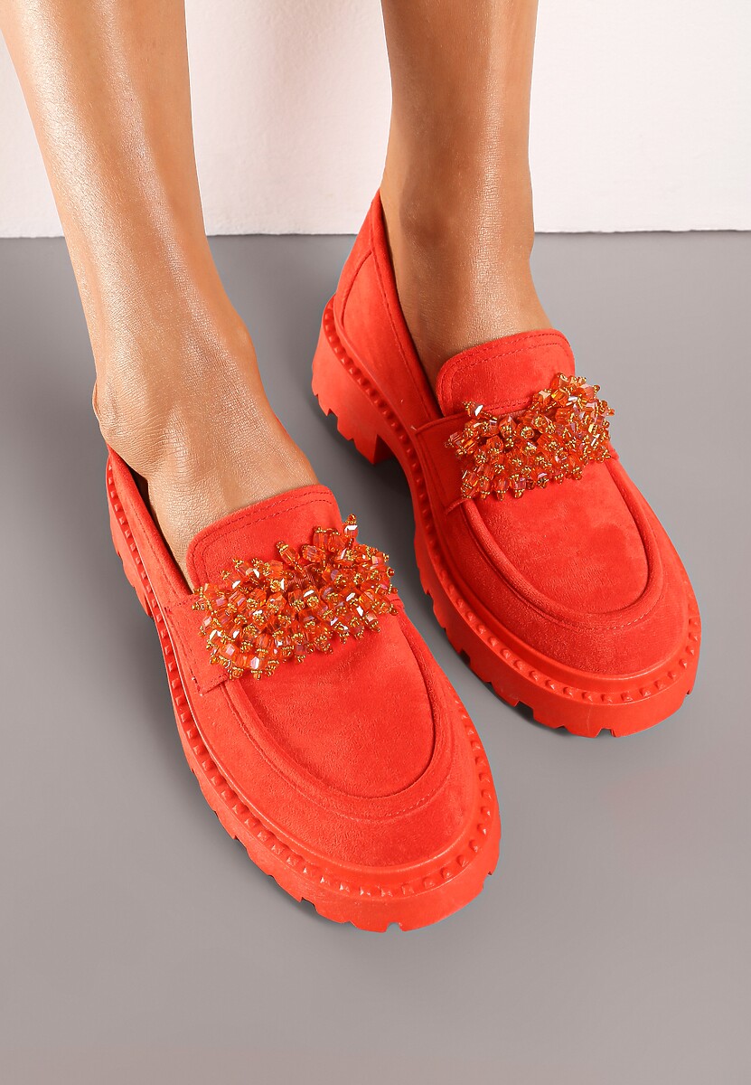 Pomarańczowe Mokasyny z Aplikacją z Biżuteryjnych Koralików Viatalia