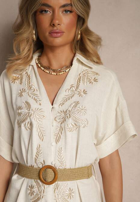 Beżowa Koszulowa Sukienka z Lnu i Wiskozy z Haftem i Plecionym Paskiem Atelessa