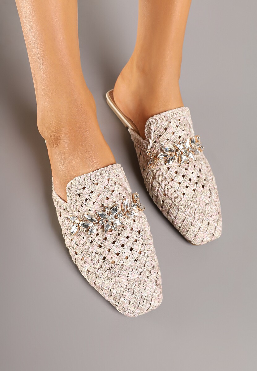 Beżowe Klapki Mule Ozdobione Cyrkoniami i Metaliczną Nicią Tatosenia
