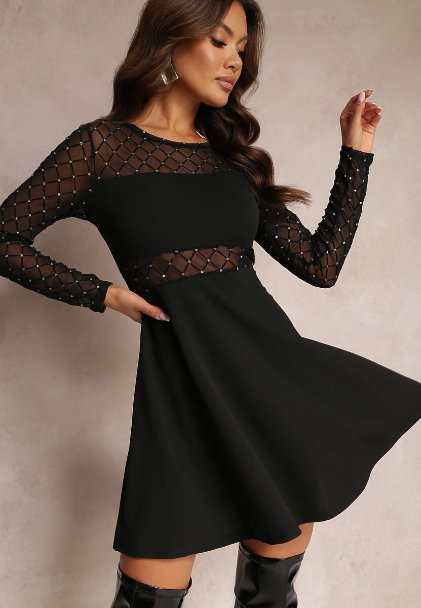 Czarna Rozkloszowana Sukienka Mini ze Wstawkami z Siateczki i Brokatu Liukas