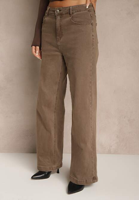 Brązowe Szerokie Jeansy High Waist z Bawełny Amendrie