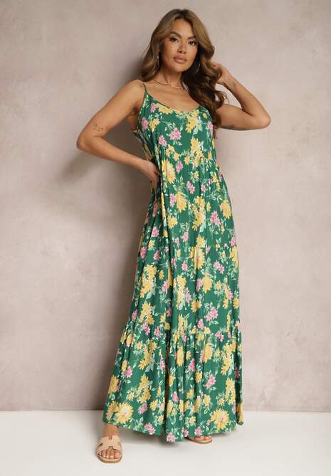 Zielona Wiskozowa Sukienka na Ramiączkach z Falbanką Lrinesa