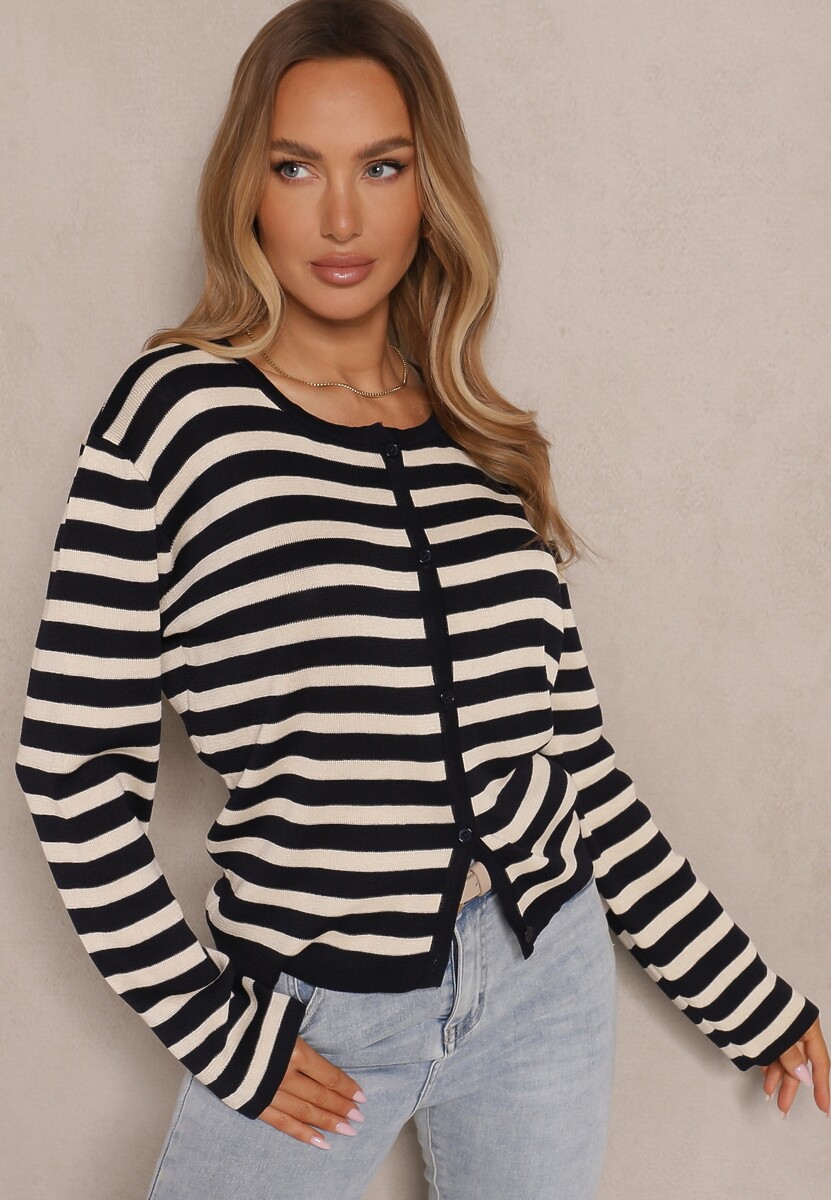 Granatowy Kardigan z Wiskozą o Klasycznym Kroju w Prążki Nolreis