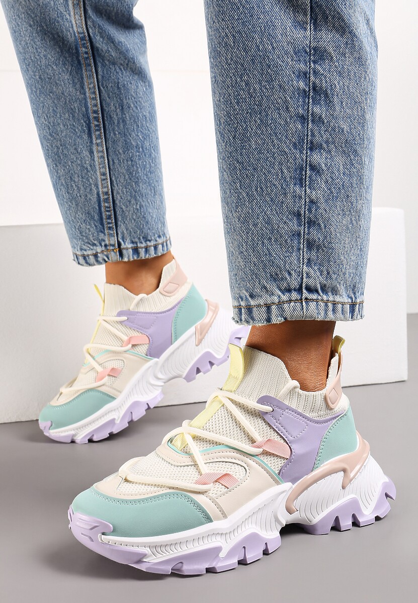 Fioletowo-Zielone Sneakersy w Skarpetkowym Stylu z Elastycznym Wiązaniem i Tłoczoną Podeszwą Ielene