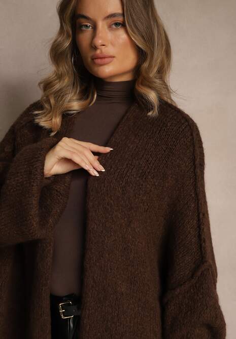 Brązowy Niezapinany Kardigan Nietoperzowy z Dodatkiem Wełny i Wiskozy Rallidia