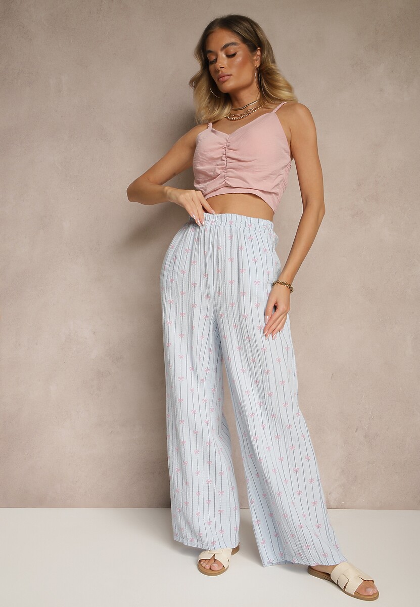 Fuksjowe Bawełniane Spodnie Szerokie High Waist w Paski i Kokardy Reivira