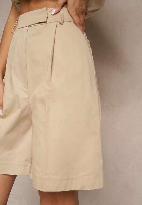 Beżowe Bawełniane Szorty Bermudy High Waist w Eleganckim Stylu Aliriae