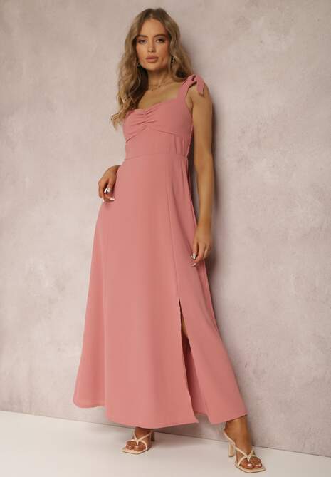 Ciemnoróżowa Sukienka Rozkloszowana z Wiązanymi Ramiączkami i Wycięciem Argomeda