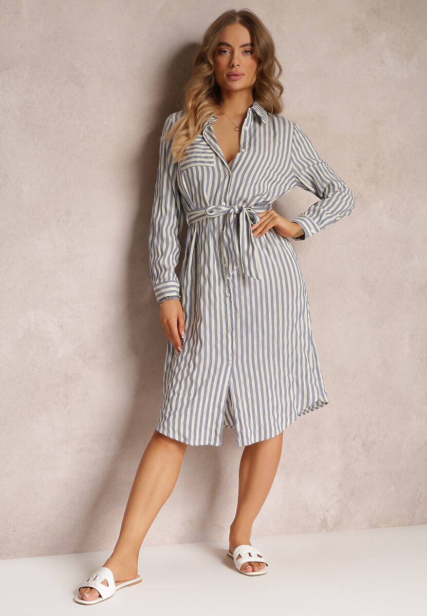 Niebieska Sukienka Koszulowa z Bawełny w Paski i Wiązanym Paskiem Mayreli