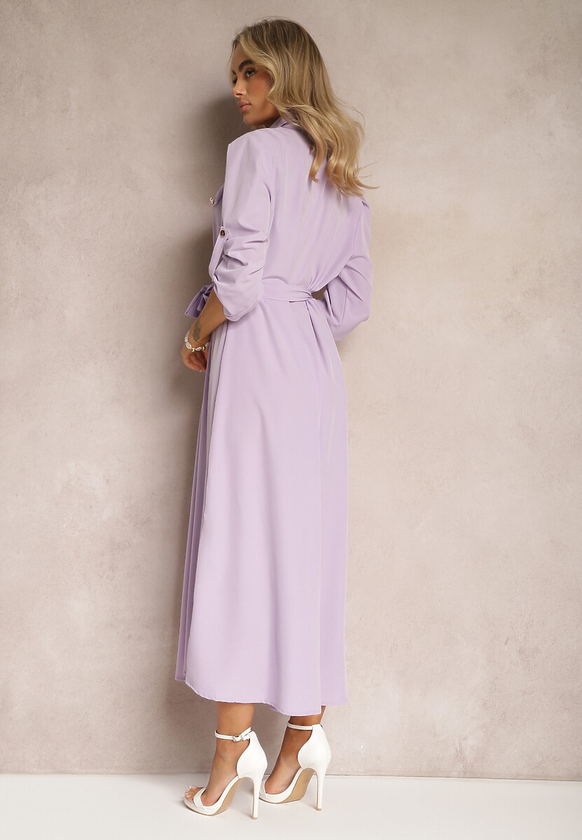 Jasnofioletowa Długa Sukienka z Rozkloszowanym Dołem i Koszulową Górą Kitesi