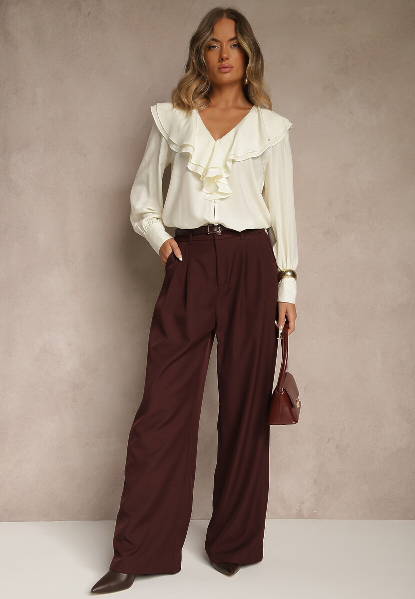 Jasnobeżowa Koszula Vices z Dekoltem z Falbanami i Bufiastymi Rękawami Zoiruna