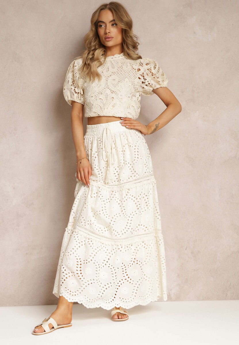 Beżowa Haftowana Spódnica z Gumką w Pasie i Falbanką Lileia