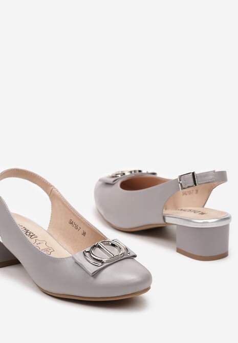 Szare Czółenka na Słupku bez Pięty z Wkładką ze Skóry Naturalnej i Aplikacją Wotesa