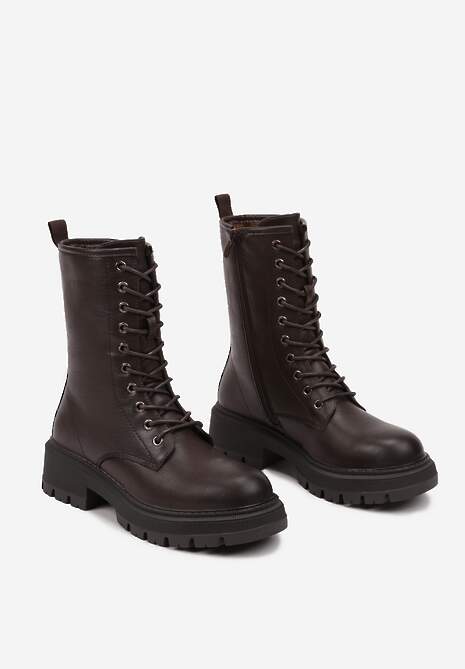 Brązowe Botki na Płaskiej Podeszwie Ozdobione Wiązaniem Laolin