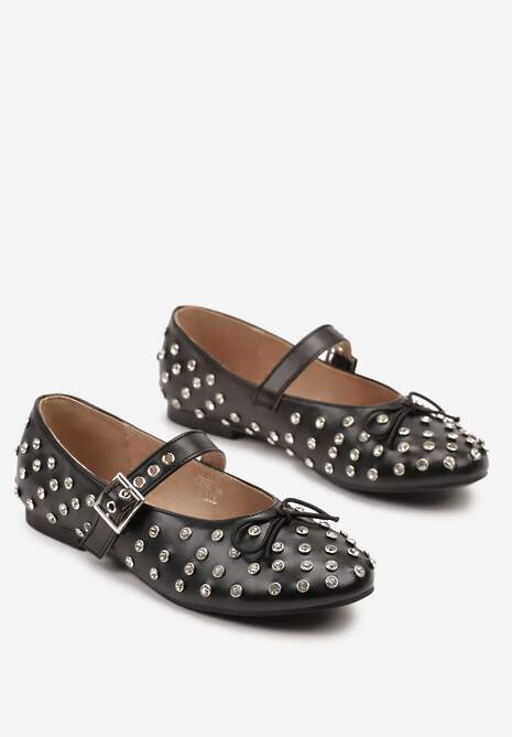 Czarne Balerinki z Ozdobnymi Nitami i Kokardą Ridiante