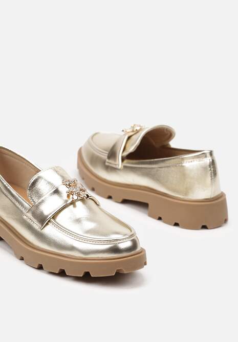 Złote Mokasyny na Płaskiej Podeszwie Ozdobione Cyrkoniowym Misiem Nevithra