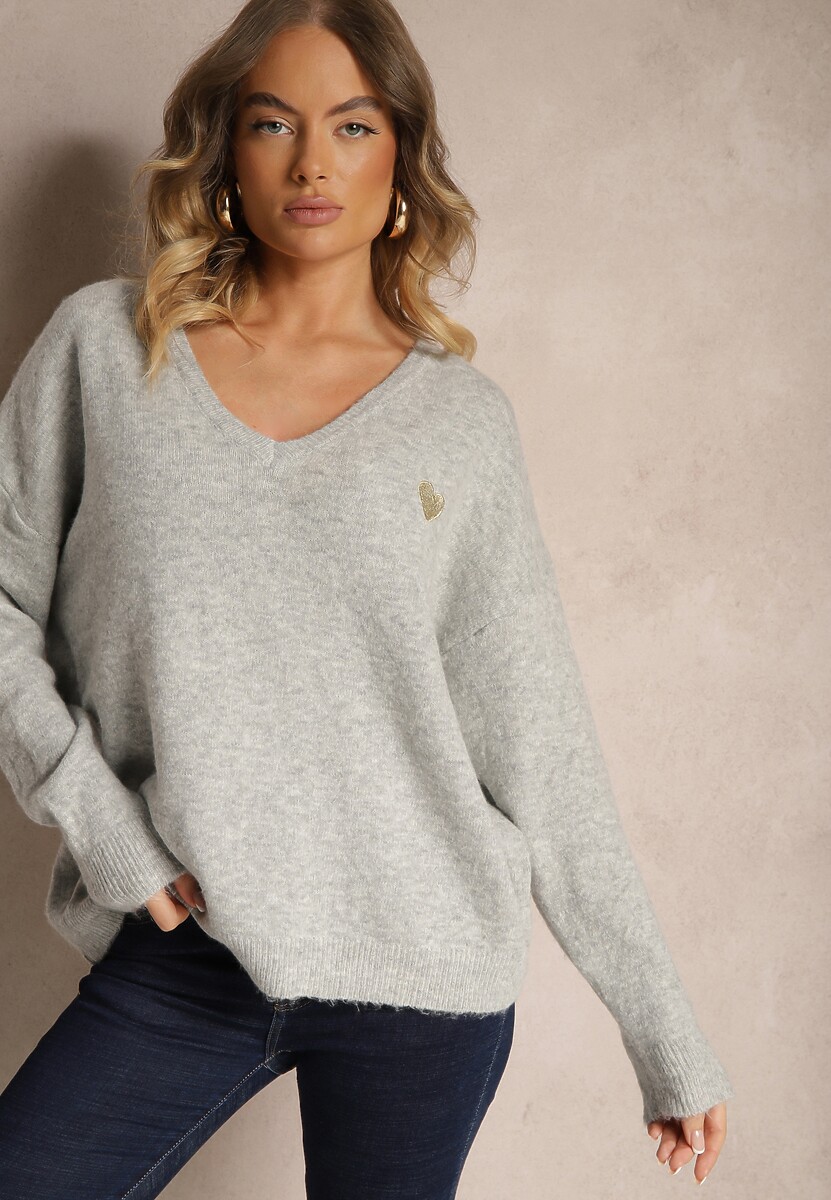 Ciemnobeżowy Sweter z Wełną i Dekoltem w Serek Ziviola