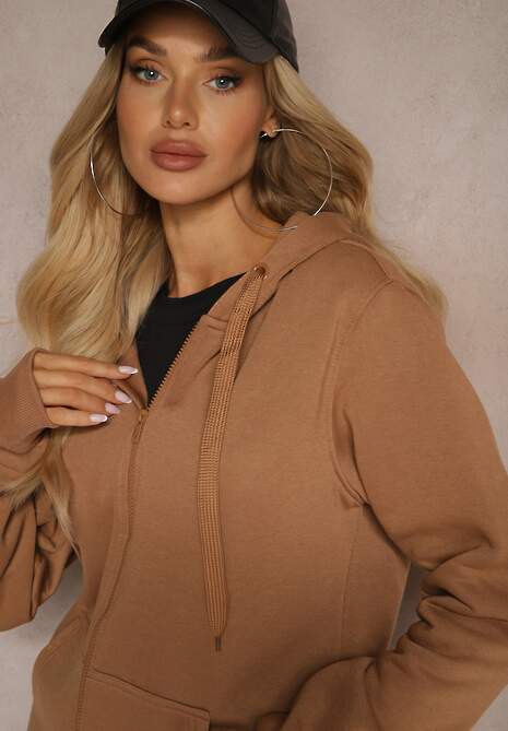 Jasnobrązowa Casualowa Rozpinana Bluza z Kapturem i Polarem Shuberta
