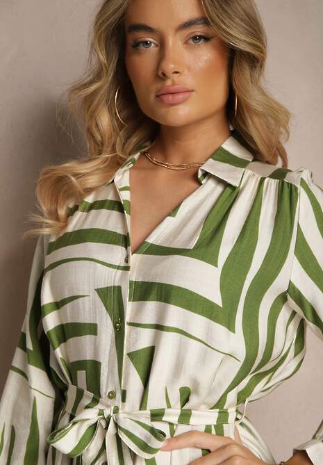 Zielona Sukienka z Wiskozą o Koszulowym Kroju w Geometryczny Print Ninatria