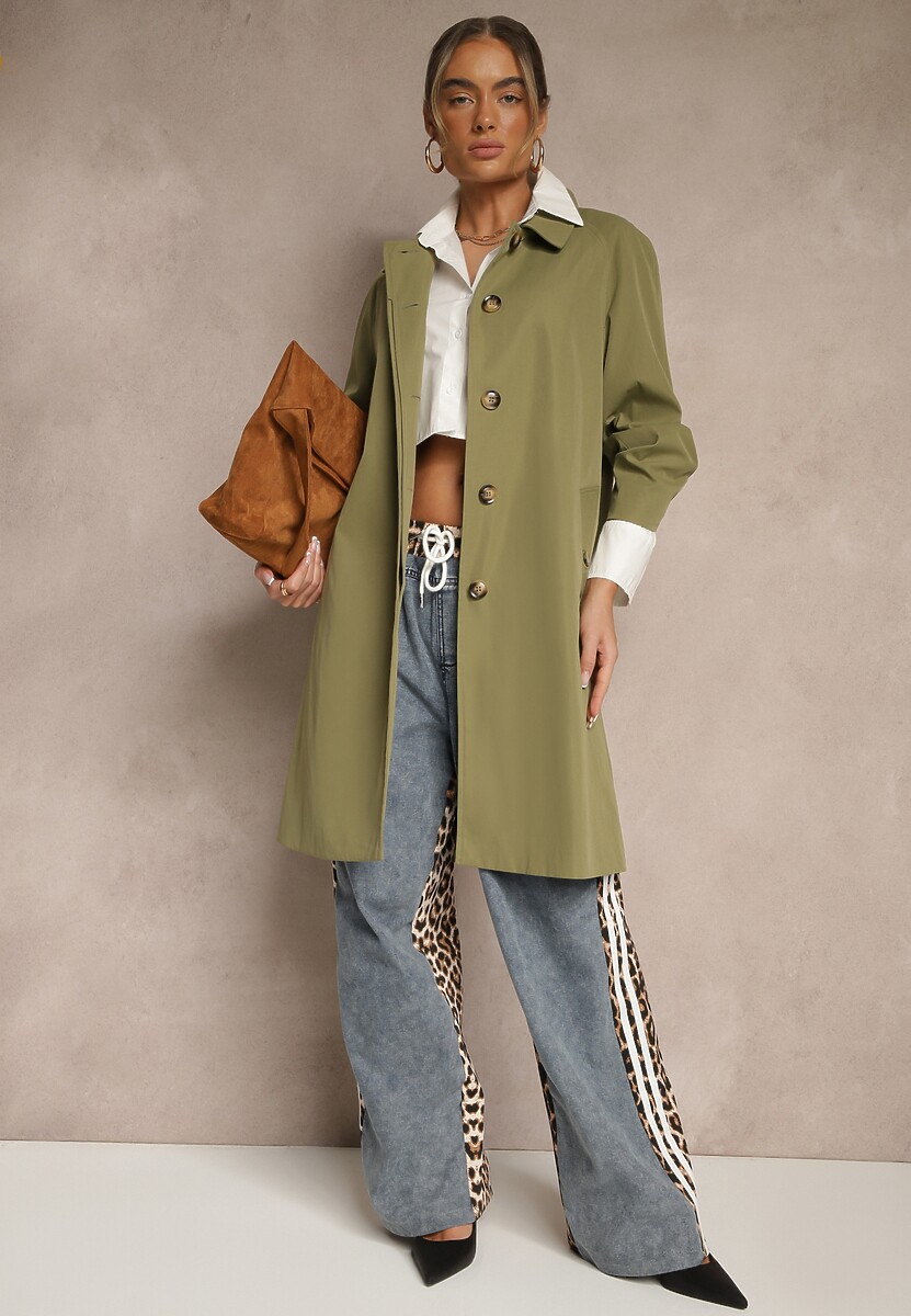 Beżowy Jednorzędowy Płaszcz Ozdobiony Kołnierzykiem Ronisya