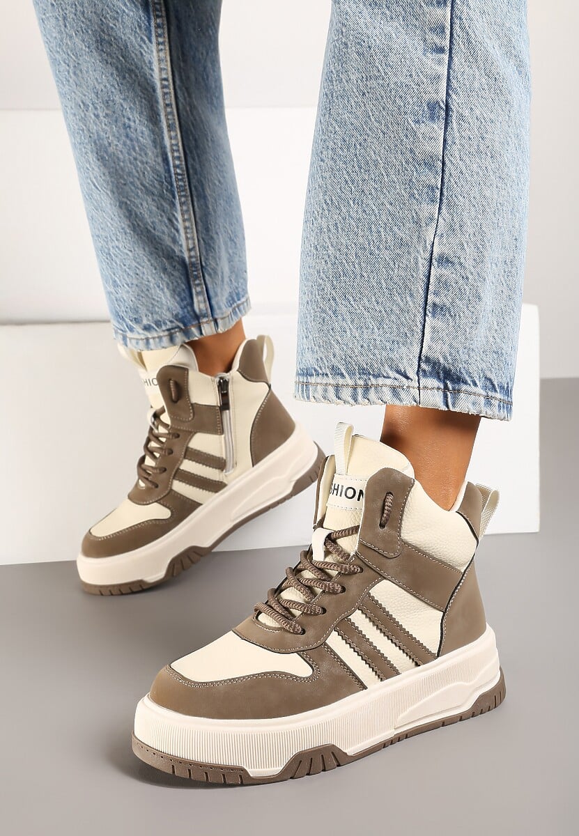 Beżowo-Brązowe Sneakersy na Płaskiej Podeszwie z Wysoką Cholewką w Paski z Ociepleniem Noradwen