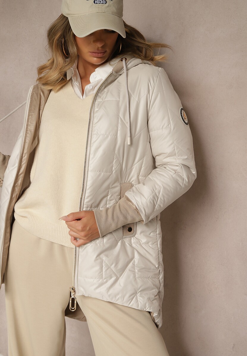 Jasnoszara Kurtka z Pikowanymi Przeszyciami Kapturem i Dłuższym Tyłem Tuleina