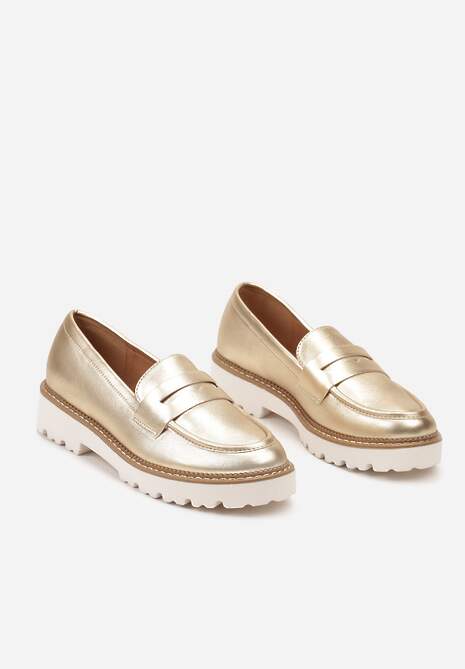 Złote Casualowe Mokasyny na Płaskiej Podeszwie z Ozdobnym Paskiem Apahida