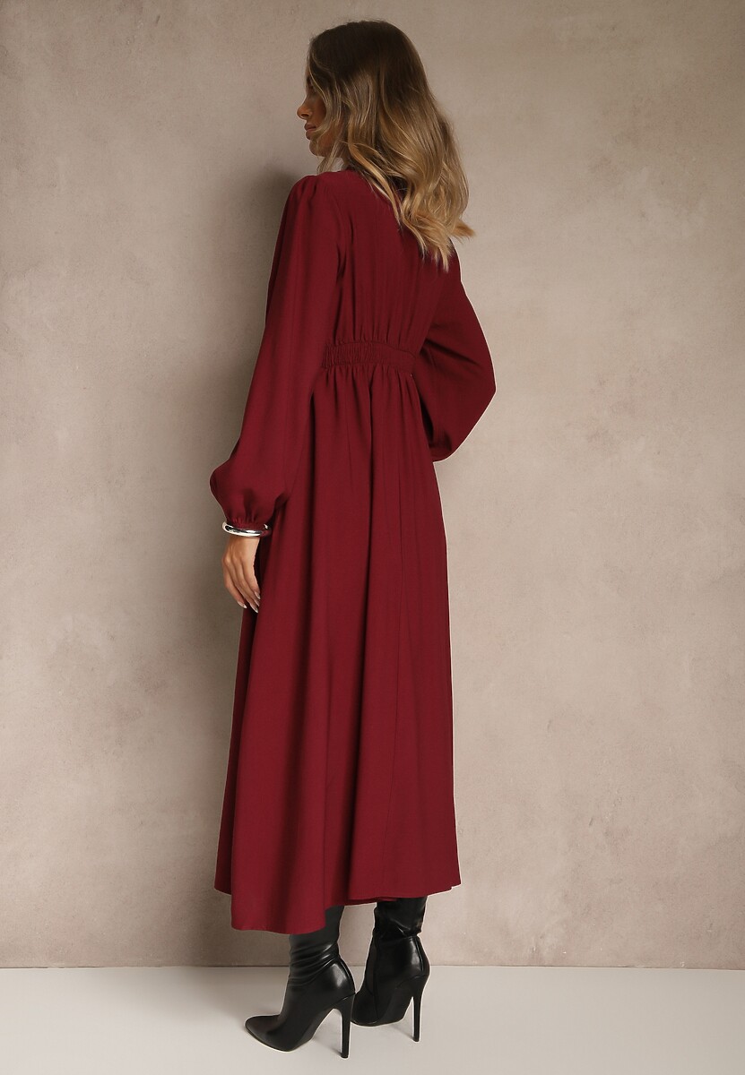 Bordowa Sukienka Plisowana z Wiskozy Ozdobiona Wiązaniem Farrive