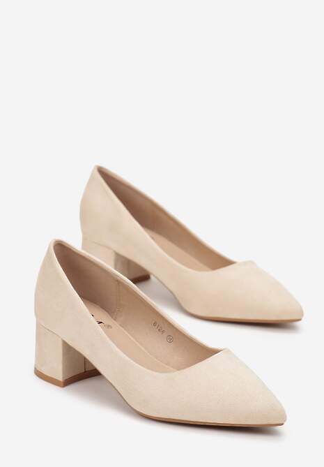 Beżowe Czółenka z Imitacji Zamszu na Niskim Słupku Rahal