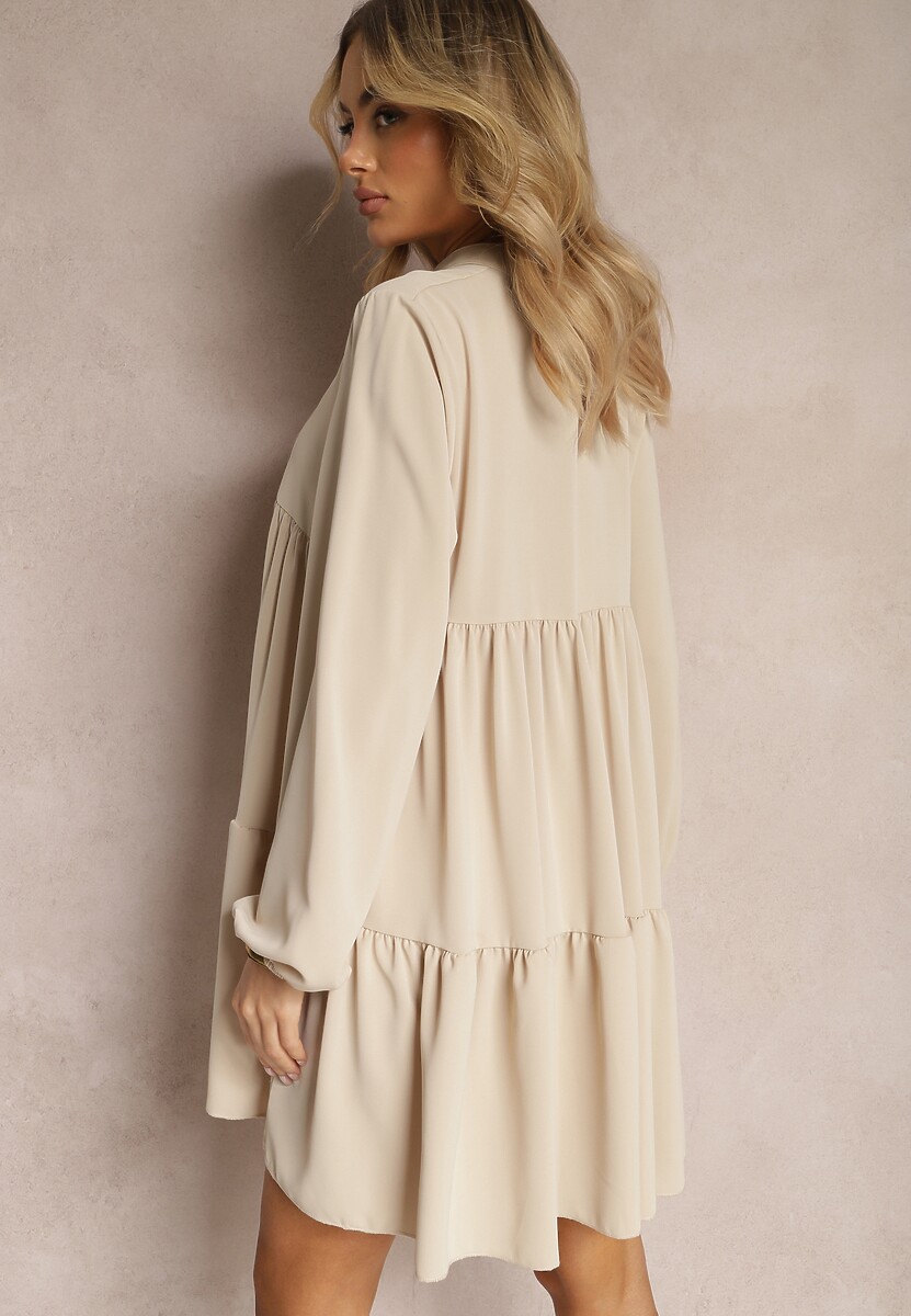 Beżowa Sukienka o Rozkloszowanym Fasonie z Falbanką i Okrągłym Dekoltem Vasaia