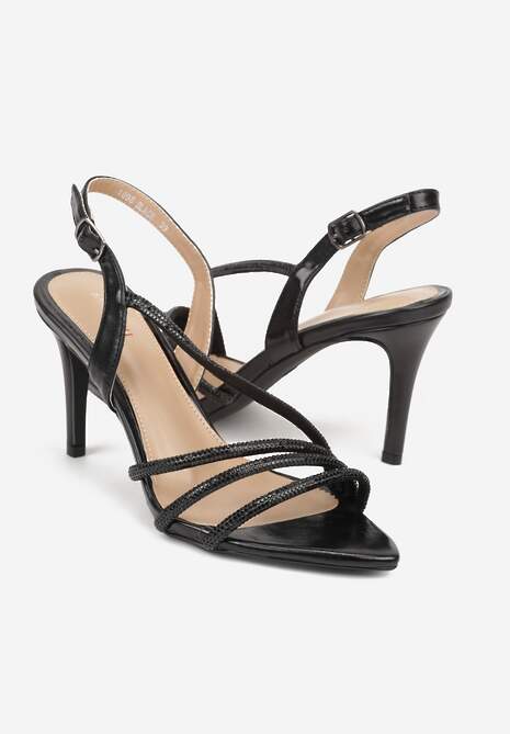 Czarne Cyrkoniowe Sandały na Obcasie Typu Szpilka Kalefera