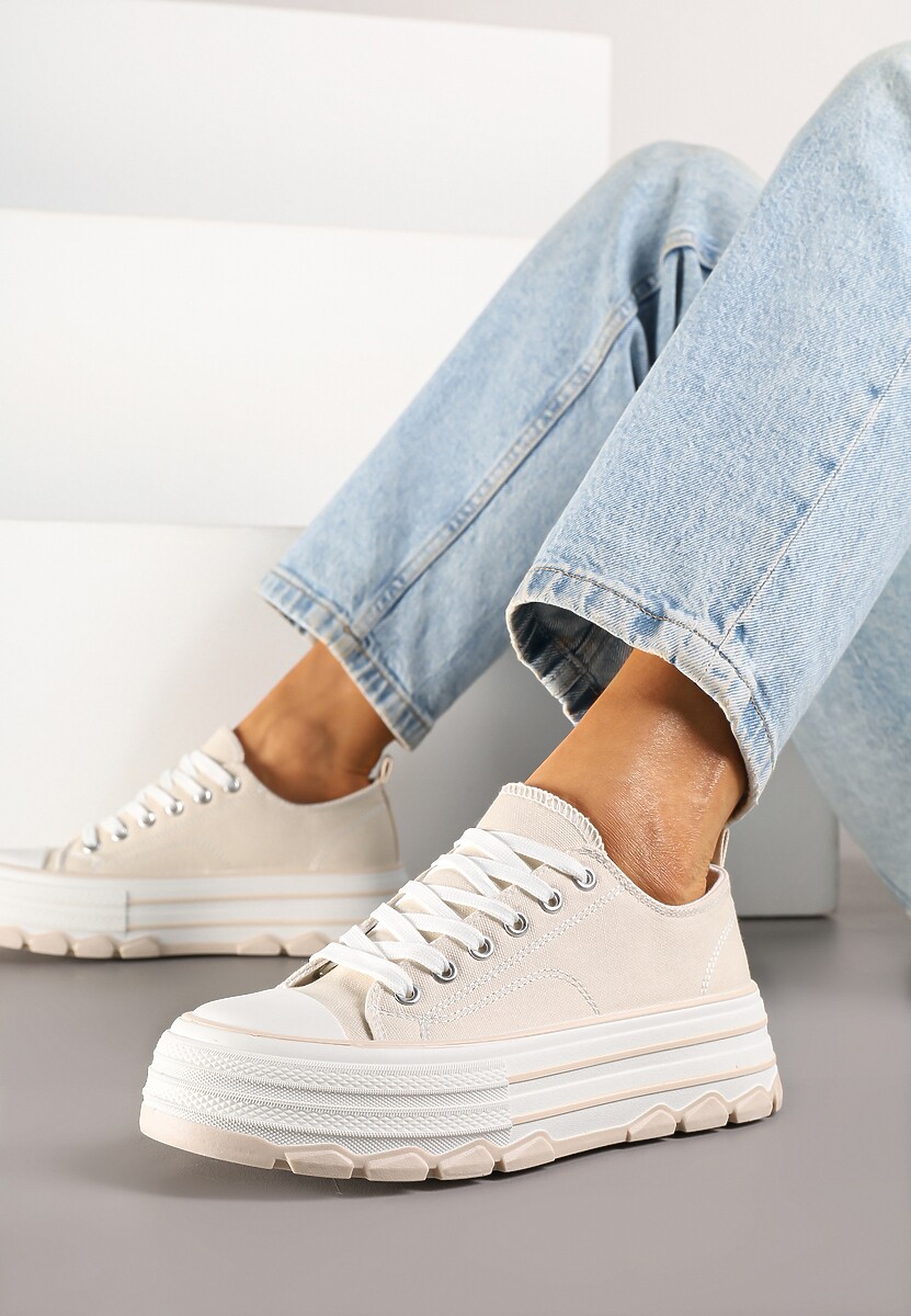 Beżowe Trampki na Platformie z Paskami i Niską Cholewką Zienelle