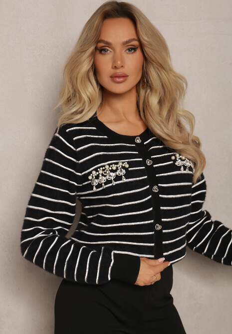 Czarny Kardigan z Wiskozy Ozdobiony Guzikami Cyrkoniami oraz Koralikami w Paski Sereia