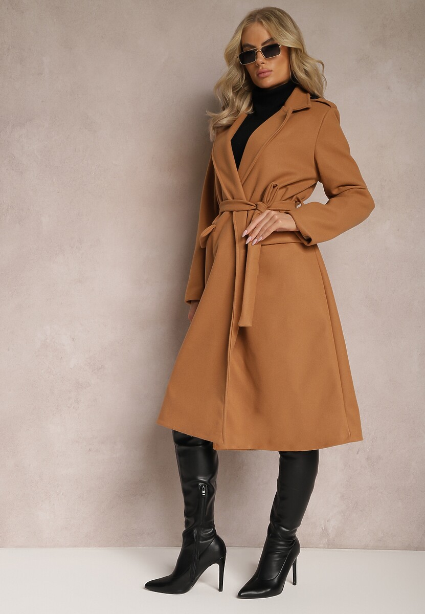 Ciemnobeżowy Taliowany Płaszcz z Wiązanym Paskiem Seraphique