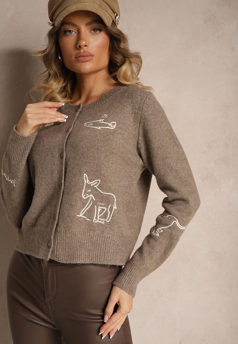 Ciemnobeżowy Kardigan z Wełną na Guziki z Haftowanym Wzorem Nelyra