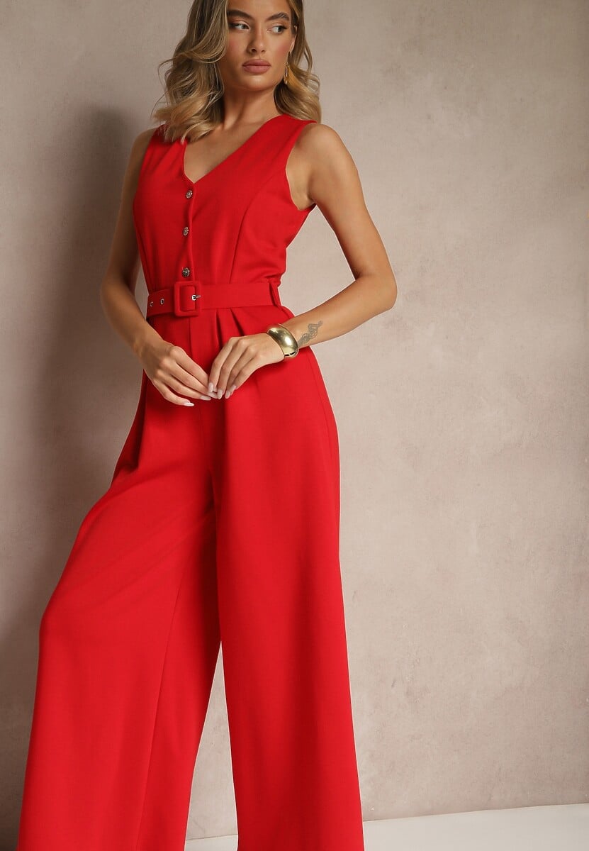 Czerwony Kombinezon o Taliowanym Kroju z Wiskozą i Paskiem Raliorea