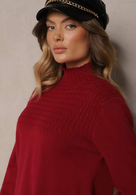 Bordowy Sweter Półgolf z Bawełną i Kieszenią z Przodu Emittes