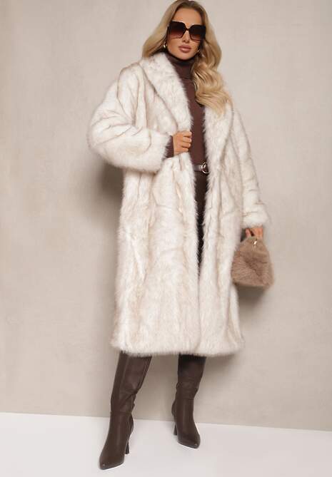 Biały Elegancki Płaszcz z Miękkiego Futra z Wsuwanymi Kieszeniami Inatrella