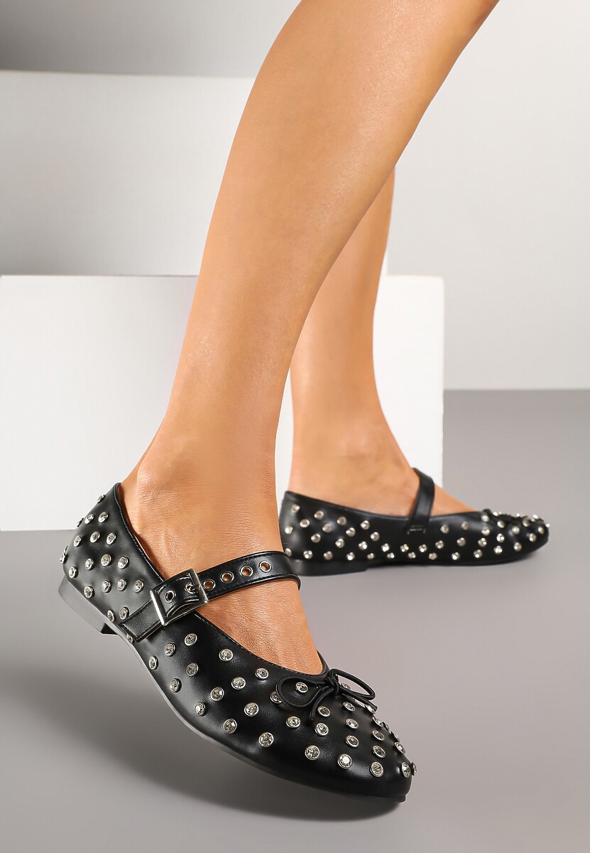 Czarne Balerinki z Ozdobnymi Nitami i Kokardą Ridiante